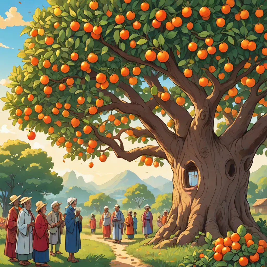 a painting of a group of people standing under a tree with oranges on it and a path leading to a small building, Chris LaBrooy, cloisonnism, a storybook illustration, orange