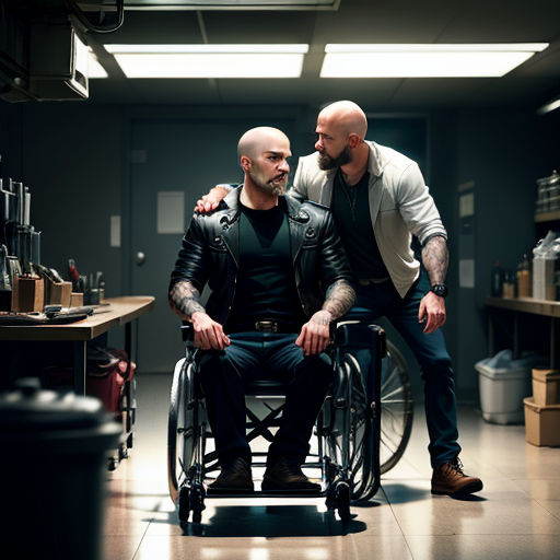 two men in a room with a wheelchair and a table with bottles on it and a man in a white jacket