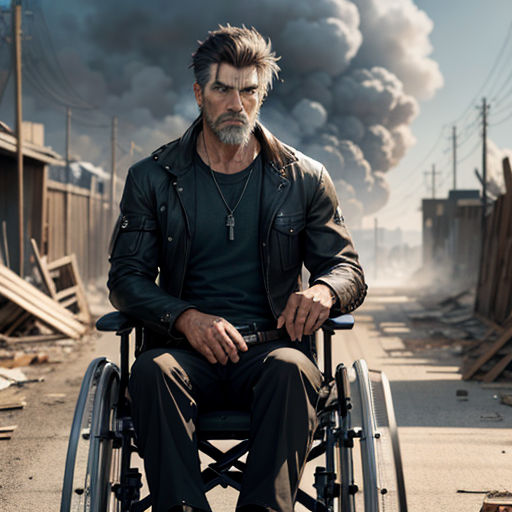 a man in a wheelchair with a gun in his hand and a black smoke billowing out of the sky