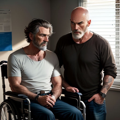 a man in a wheelchair next to a man in a black shirt in a room with a window and blinds