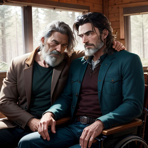 two men sitting next to each other in a room with windows and a chair in front of them, one of them is holding his arm around the other man