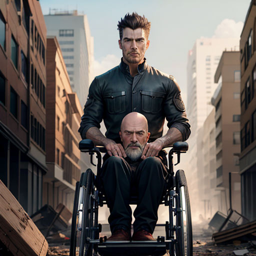 a man in a wheelchair with a man in a suit on the other side of him in a city