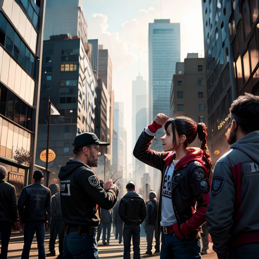 a group of people standing on a street next to tall buildings and tall buildings with tall windows on the side of the street