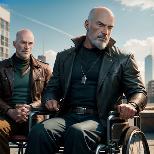 two men sitting in a wheelchair on a roof top with a city in the background, one of them is looking at the camera