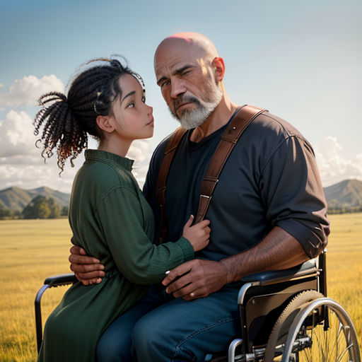 a man in a wheelchair and a woman in a green dress are standing in a field of grass and a sky with clouds