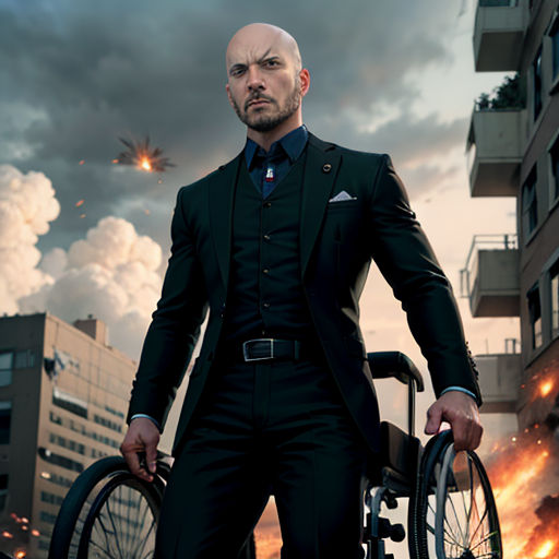 a man in a suit holding a bike in front of a building with a helicopter flying overhead in the background