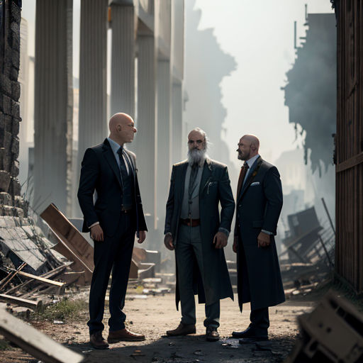 three men in suits standing in a destroyed building area with a building in the background and a building in the foreground