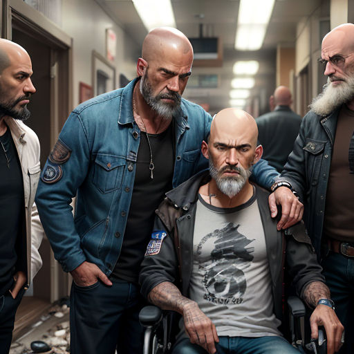 a group of men standing around each other in a hallway with a man in a wheelchair on the floor