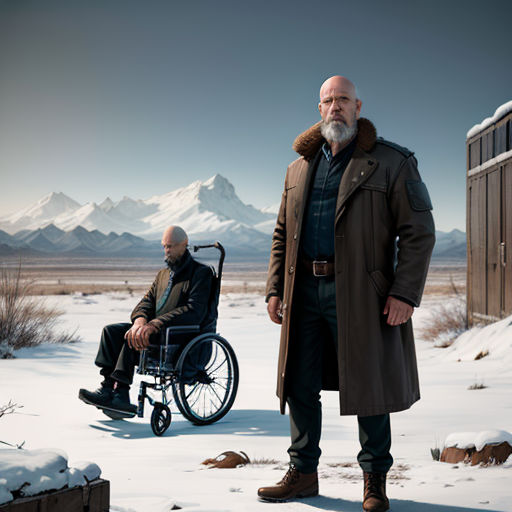 a man in a wheelchair standing next to a man in a coat in the snow with mountains in the background