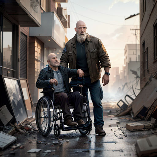 a man in a wheelchair being pushed by another man in a suit in a city street with debris everywhere