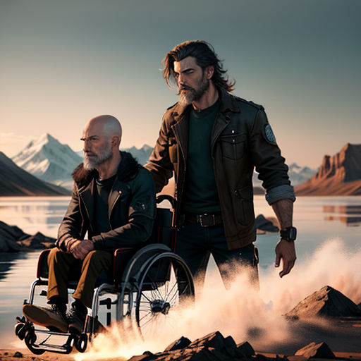 a man in a wheelchair and a man in a jacket stand next to each other in front of a lake