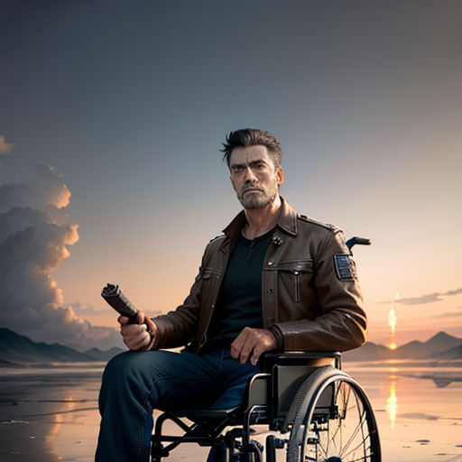a man in a wheelchair holding a gun and a bottle of wine in his hand while sitting on a beach
