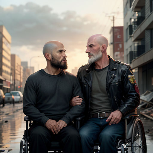 two men sitting in a wheelchair on a city street in the rain, one of them is looking at the other