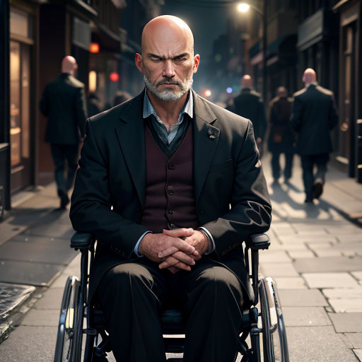 a man in a suit sitting in a wheelchair on a street with other people walking by in the background