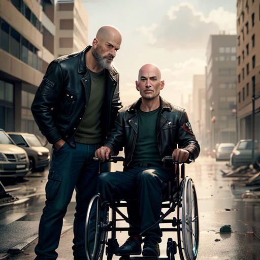 two men in a wheelchair in a city street with a city background and a man in a green shirt