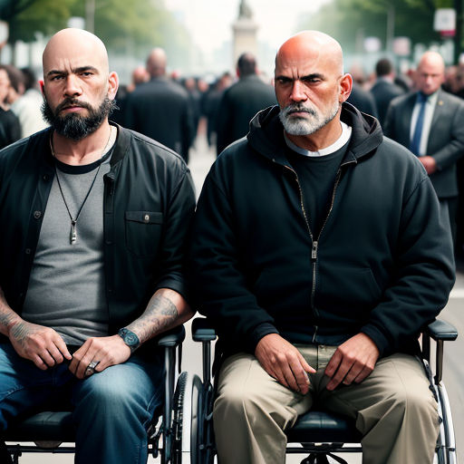 two men sitting in a wheelchair in a crowd of people walking down a street in the background is a man with a bald head and a beard