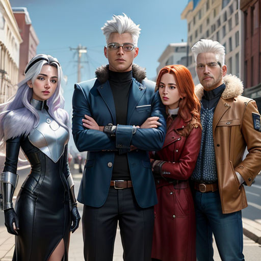 a group of people standing on a street next to each other in front of a building with a sky background