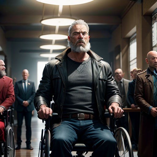 a man in a wheelchair in a hallway with other men in suits and ties standing around him and looking at the camera