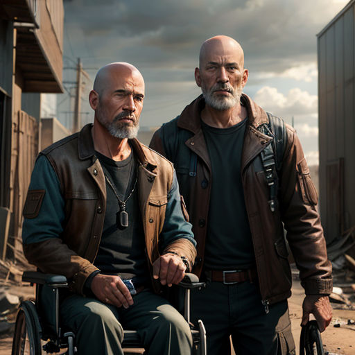 two men in wheelchairs standing in front of a building with a sky background and clouds in the background