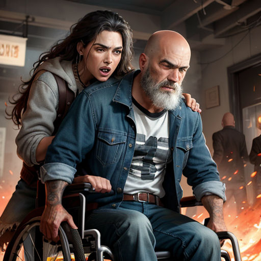 a man in a wheelchair with a woman on his back in a room with flames and people in the background