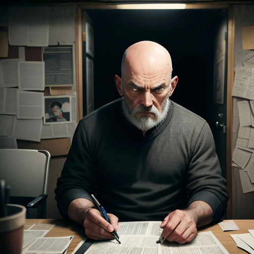 a man sitting at a desk with a pen and paper in his hand and papers on the desk behind him
