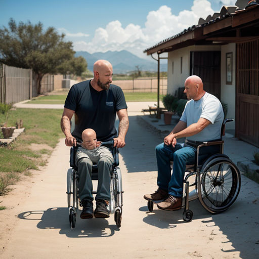 a man in a wheel chair talking to a man in a wheelchair outside a house with a small child