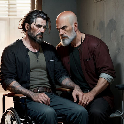 two men sitting next to each other in a room with a wheel chair and a wall behind them, one of them is bald