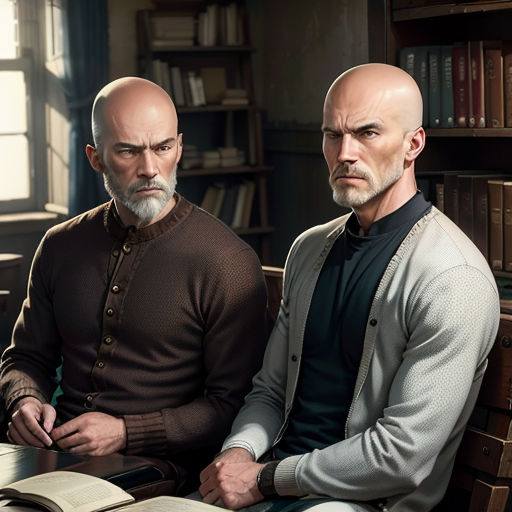 two men sitting next to each other in front of a book shelf with books on it and a book on the table