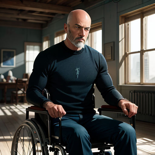 a man in a wheelchair in a room with windows and a table with chairs and a table with chairs