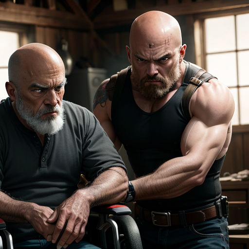 a man in a wheelchair and a bald man in a black shirt are facing each other in a room