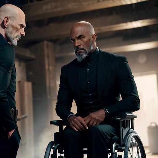 a man in a wheelchair talking to another man in a suit and tie in a warehouse area with a large window