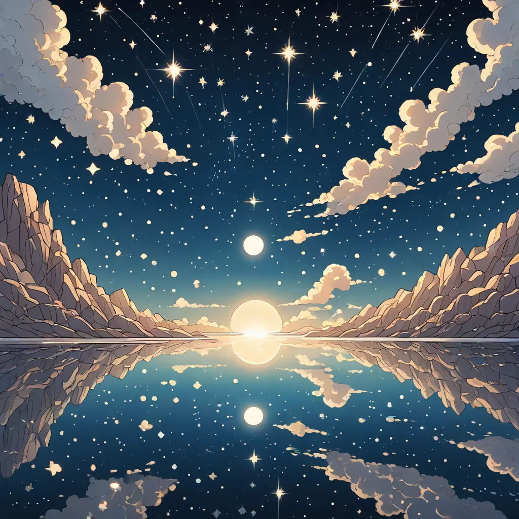 a painting of a mountain lake with stars and clouds in the sky above it and a full moon in the sky, space art, a detailed painting, Chris LaBrooy, reflection