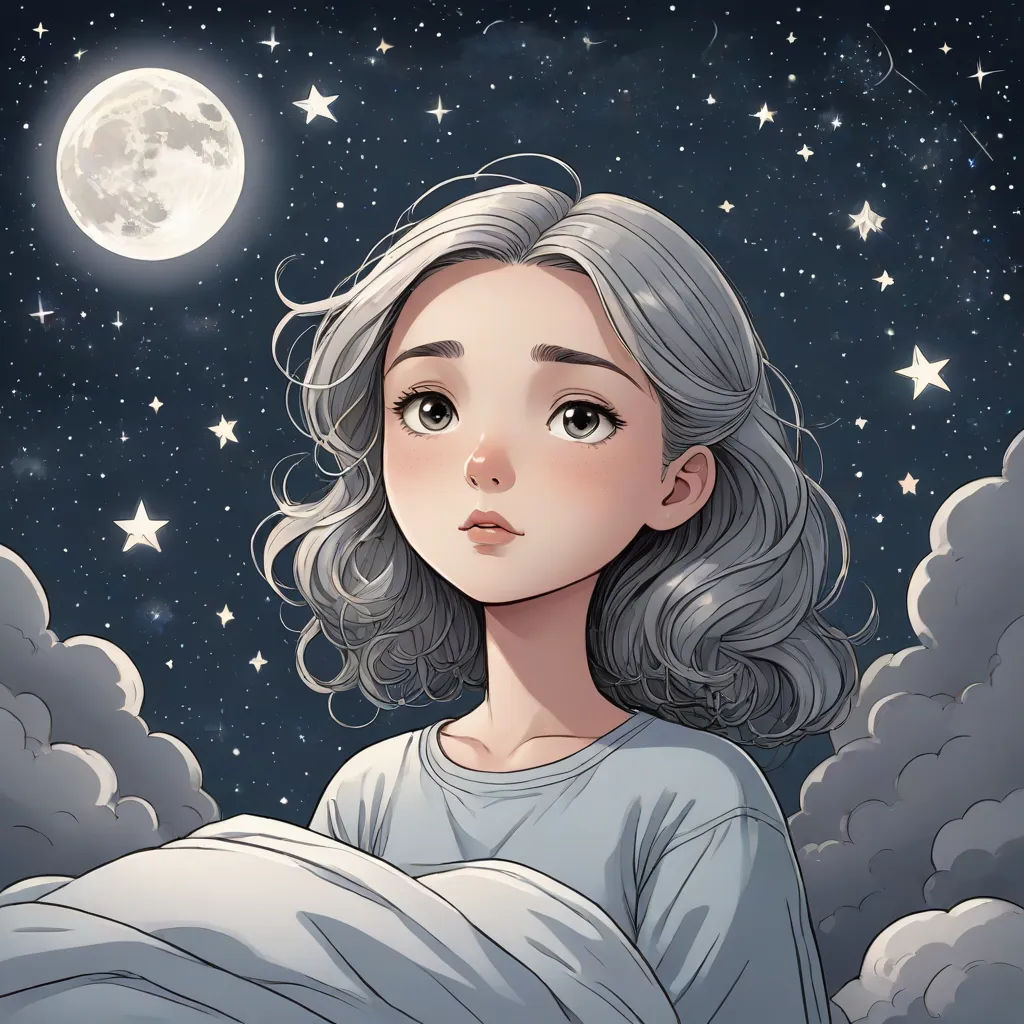 a girl with grey hair and a white shirt is looking up at the sky with a full moon in the background, space art, a detailed drawing, Cyril Rolando, trending on art station