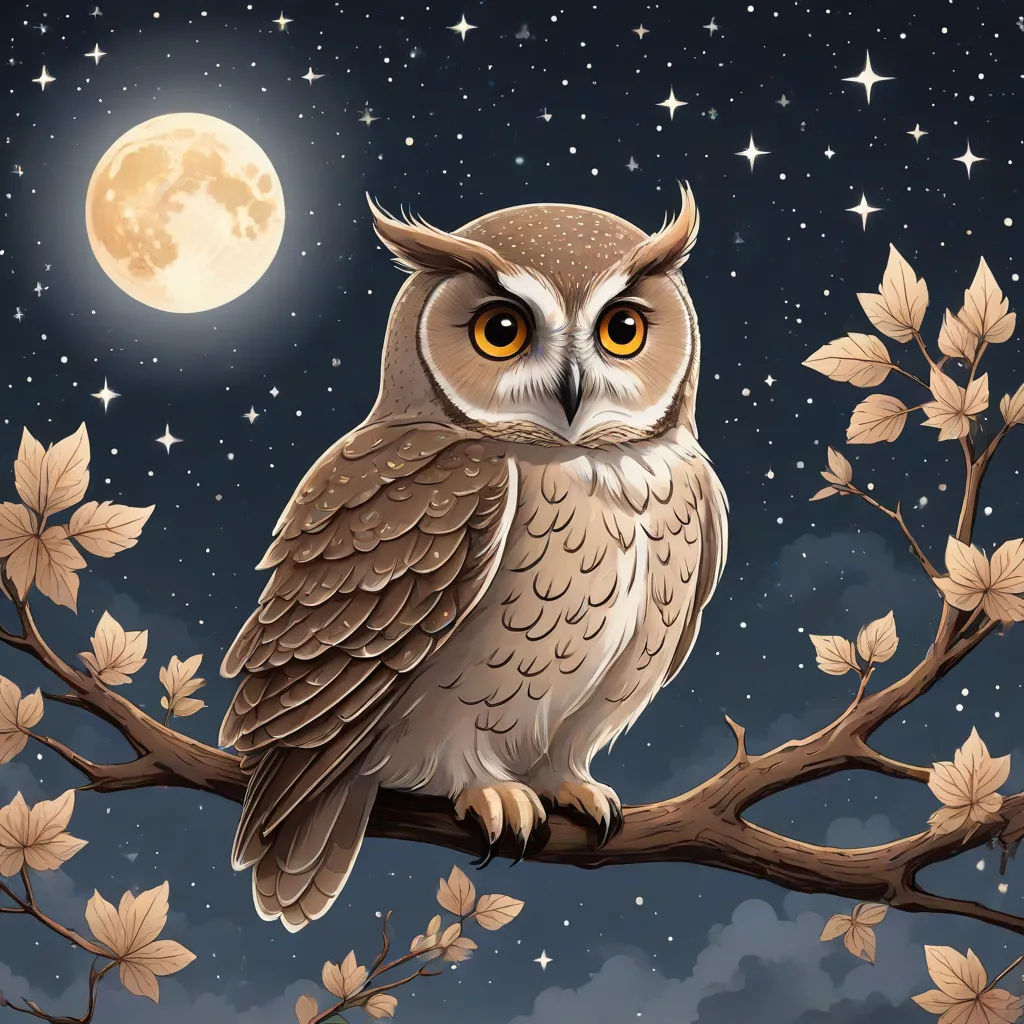 a painting of an owl sitting on a branch with a full moon in the background and stars in the sky, fantasy art, a storybook illustration, Anne Stokes, highly detailed digital art