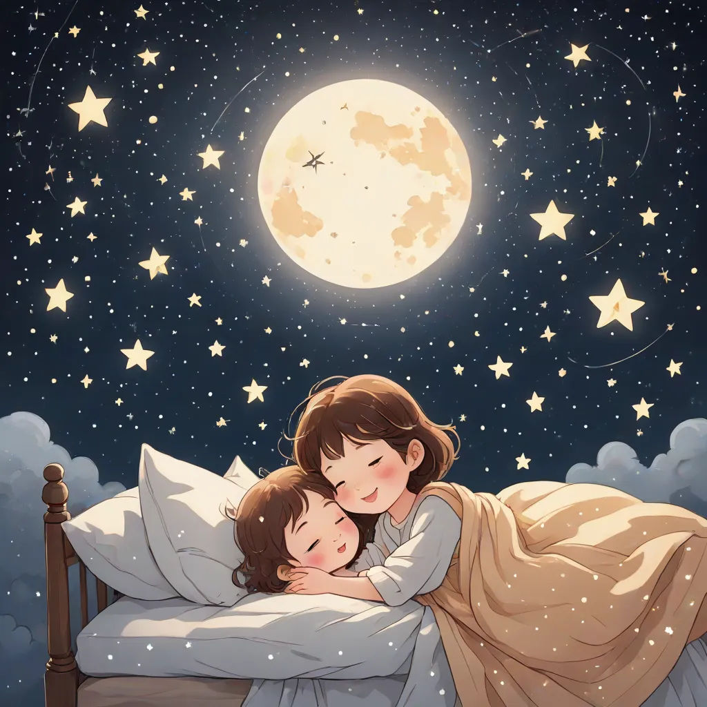 a woman and child are sleeping under a full moon in a bed with stars and a sky full of stars, space art, a storybook illustration, Fan Qi, moon