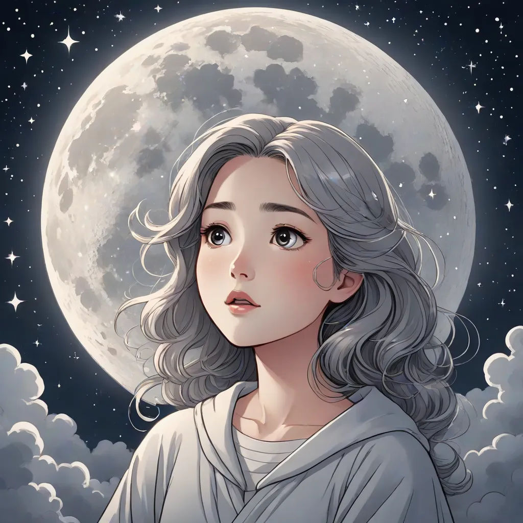 a girl with grey hair and a white shirt is looking up at the moon with clouds and stars in the sky, space art, a manga drawing, Cyril Rolando, yukito kishiro