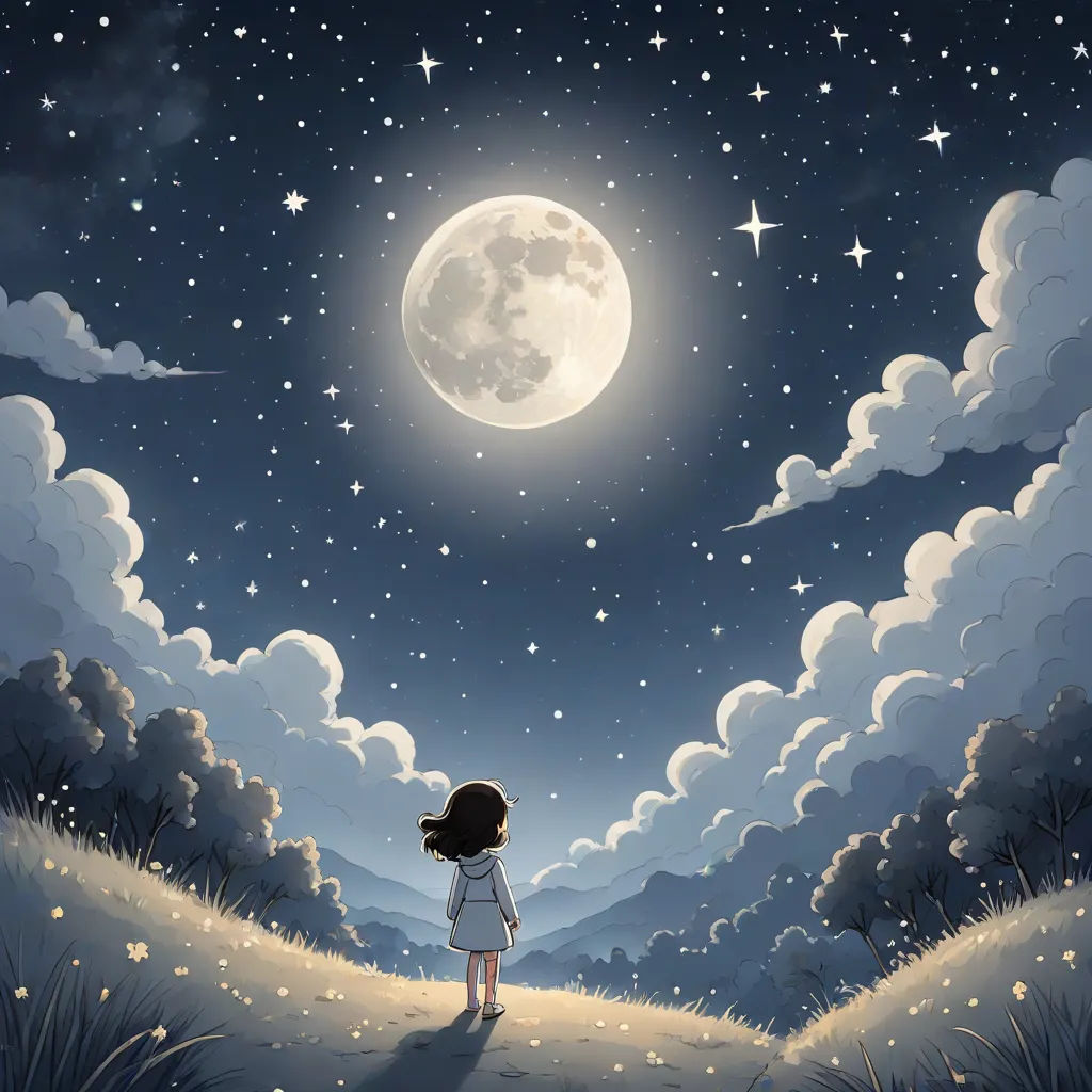 a girl standing on a hill looking at the moon and stars in the sky above her head, with a full moon in the background, space art, a storybook illustration, Cyril Rolando, moon