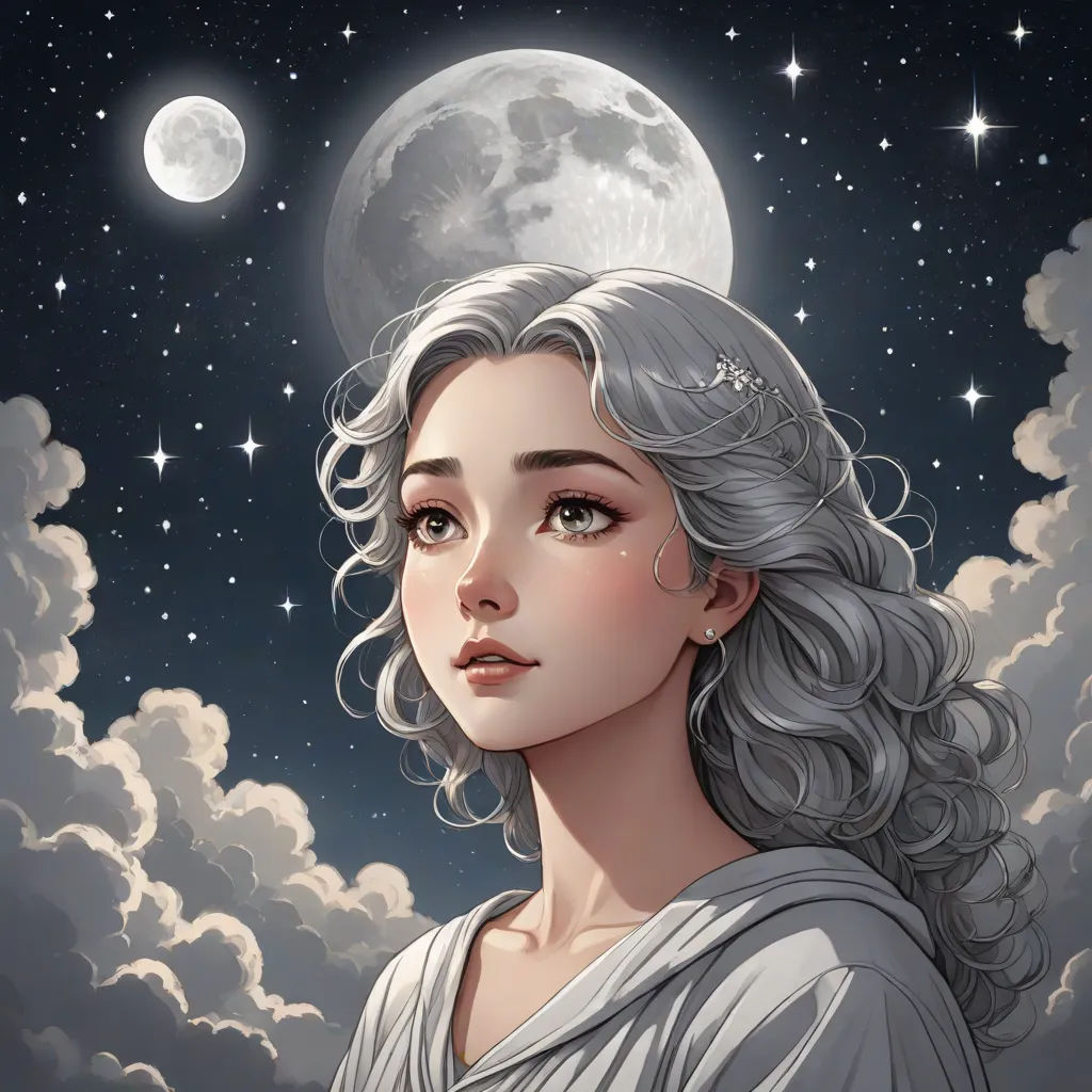 a woman with a white hair and a gray dress is looking up at the moon in the sky with clouds, fantasy art, a detailed painting, Charlie Bowater, rossdraws global illumination