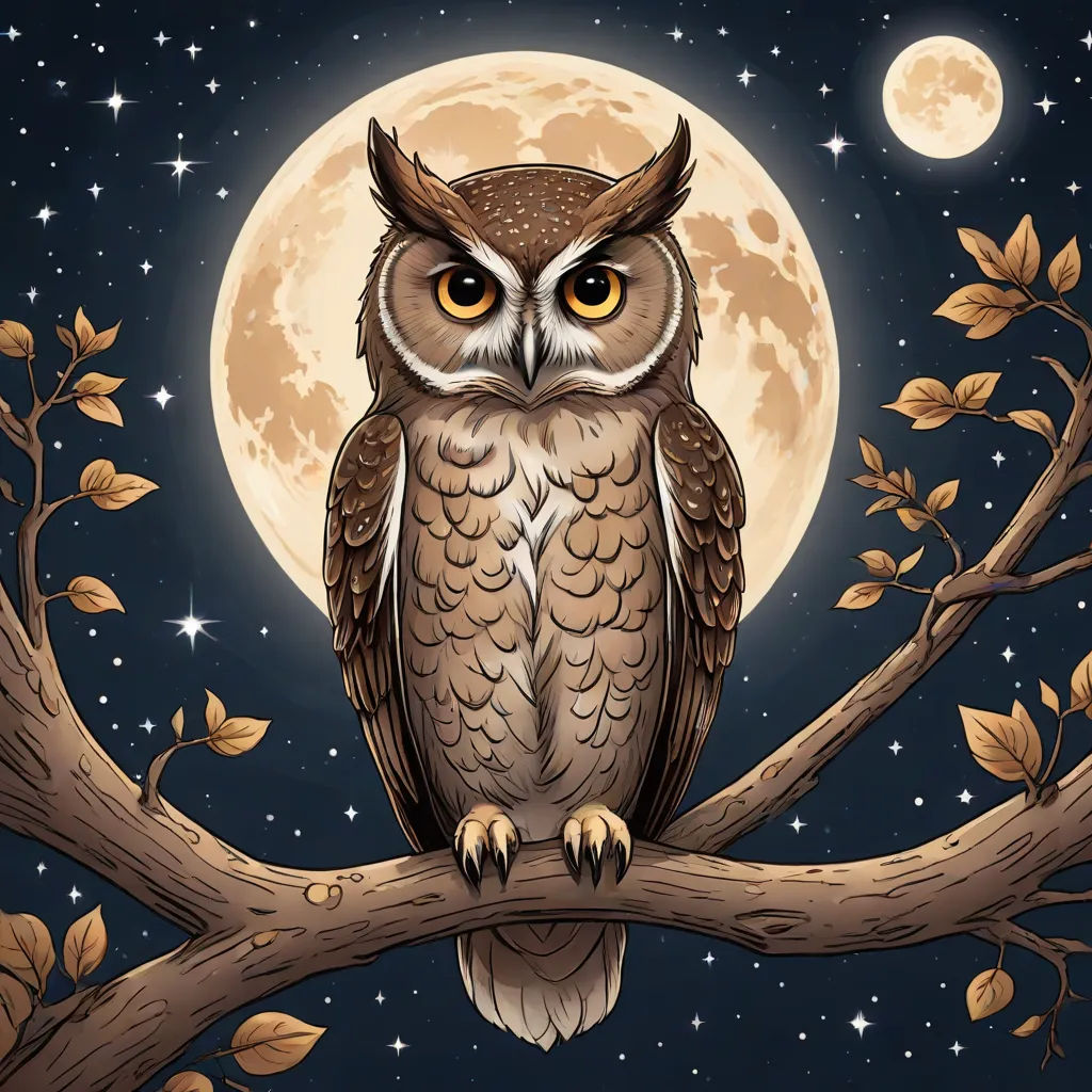 an owl sitting on a branch with a full moon in the background with stars and a tree branch with leaves, fantasy art, a storybook illustration, Dan Mumford, highly detailed digital painting