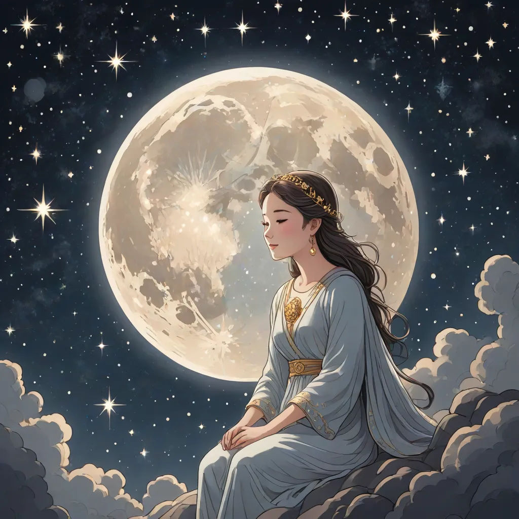 a woman sitting on a cloud in front of a full moon with stars in the sky above her and a sky full of stars, fantasy art, a storybook illustration, Chen Lin, moon