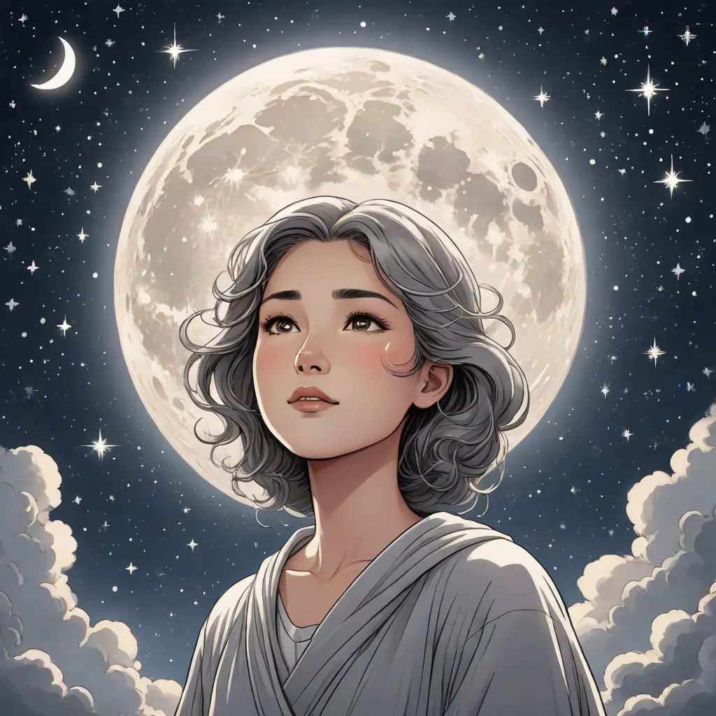 a woman with grey hair standing in front of a full moon and clouds with stars in the sky behind her, space art, a character portrait, Charlie Bowater, yukito kishiro