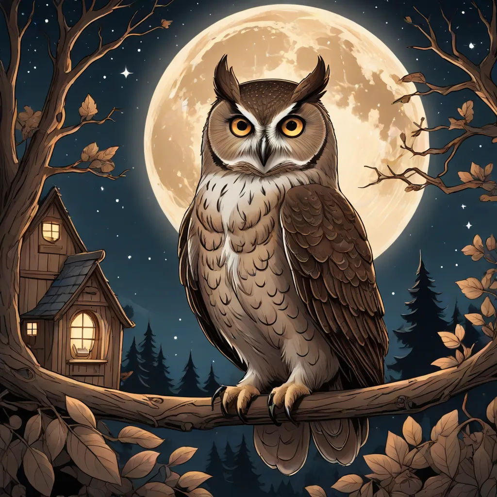 a painting of an owl sitting on a branch with a full moon in the background and a tree with leaves, fantasy art, a storybook illustration, Dan Mumford, highly detailed digital painting