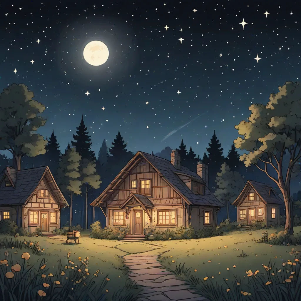 a night scene with a house and a path leading to it and a full moon in the sky above, american scene painting, a storybook illustration, Dan Mumford, storybook illustration