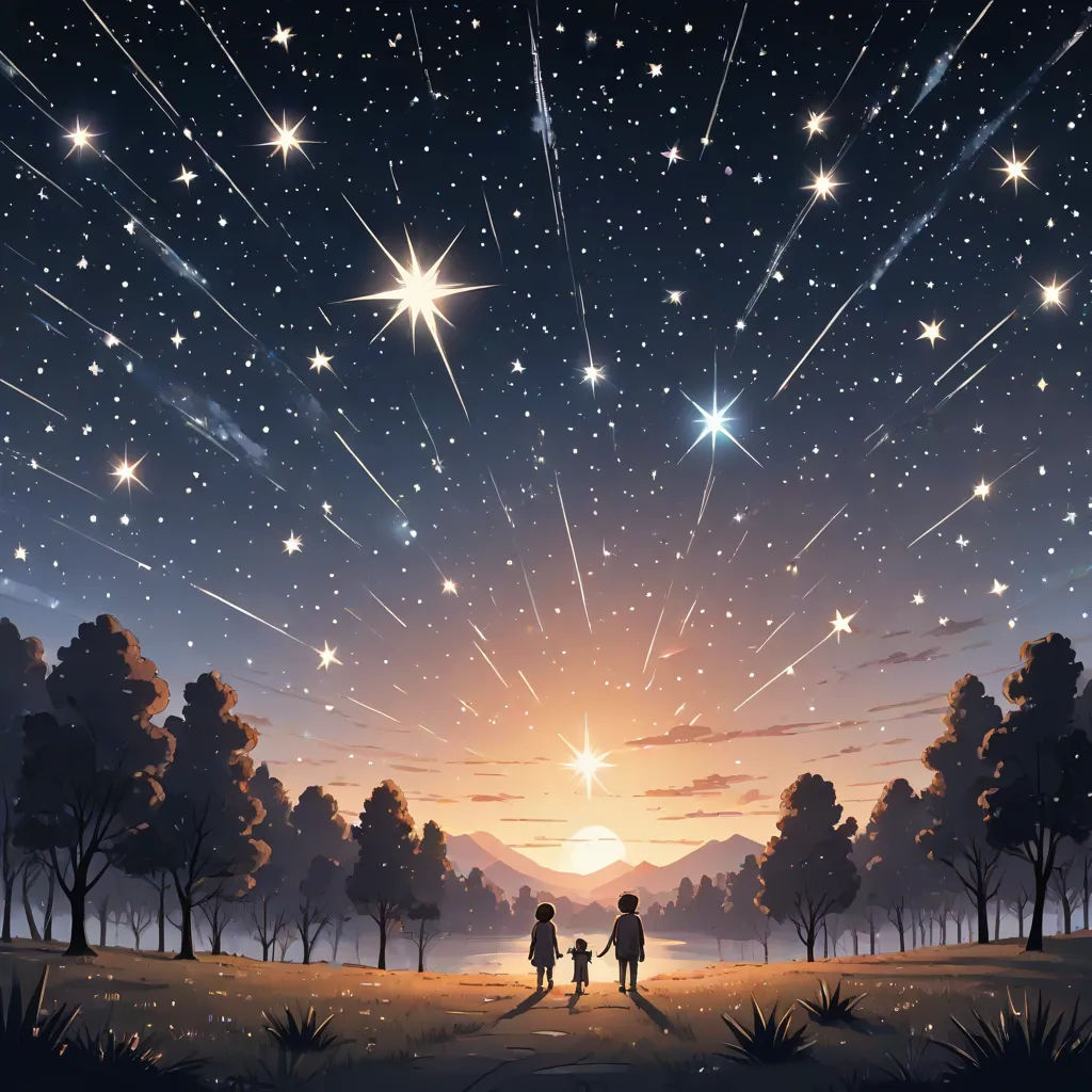 a couple of people standing on top of a field under a sky filled with stars and stars above them, space art, a storybook illustration, David A Hardy, stars