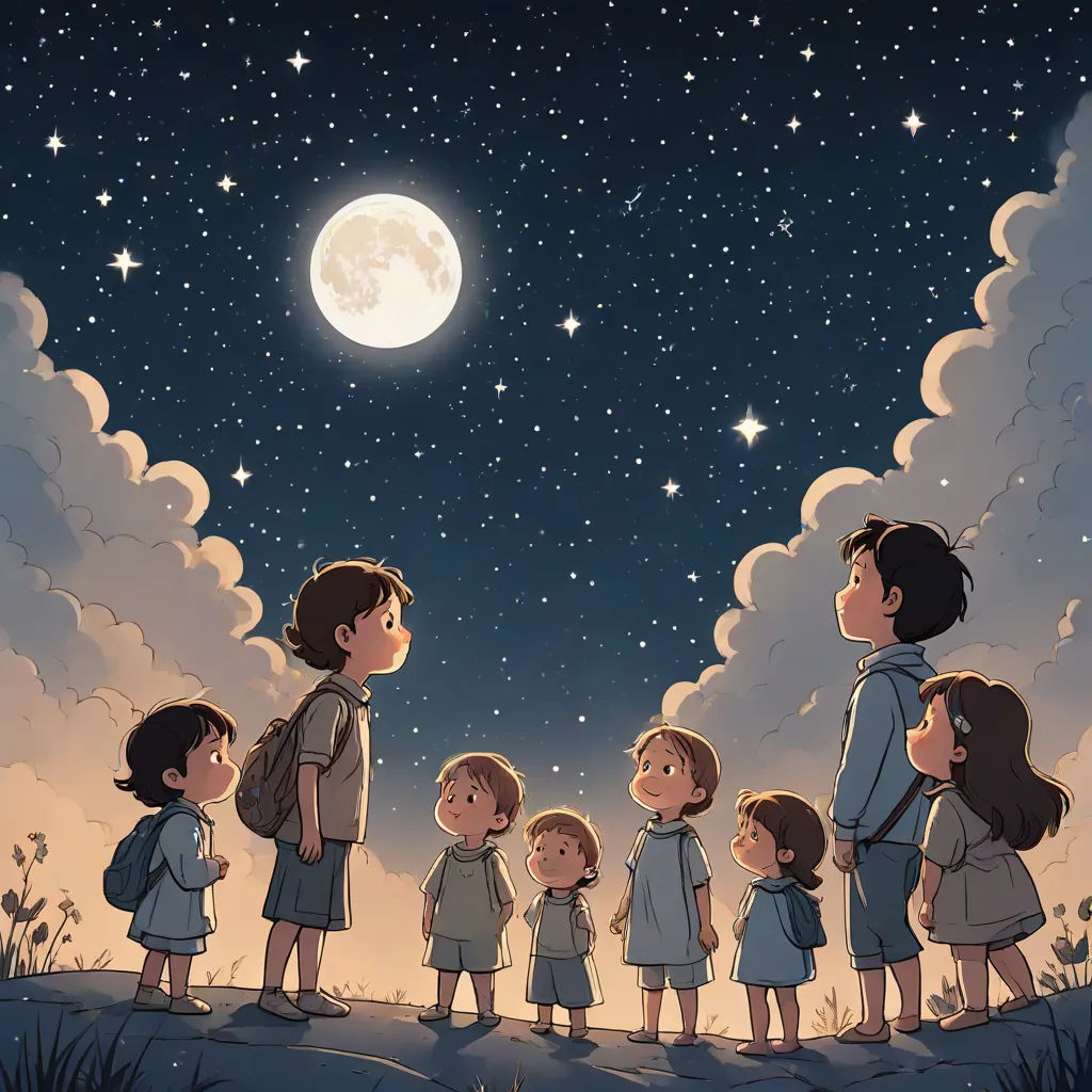 a group of children standing in front of a full moon with a sky full of stars and clouds behind them, space art, a storybook illustration, Atey Ghailan, storybook illustration