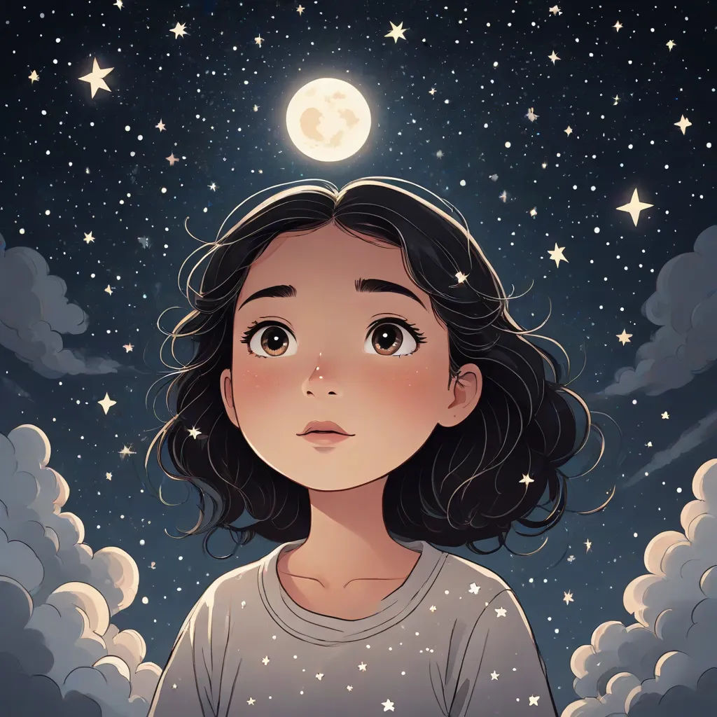 a girl with a moon above her head and clouds in the background, with stars and clouds in the sky, space art, a storybook illustration, Atey Ghailan, night sky