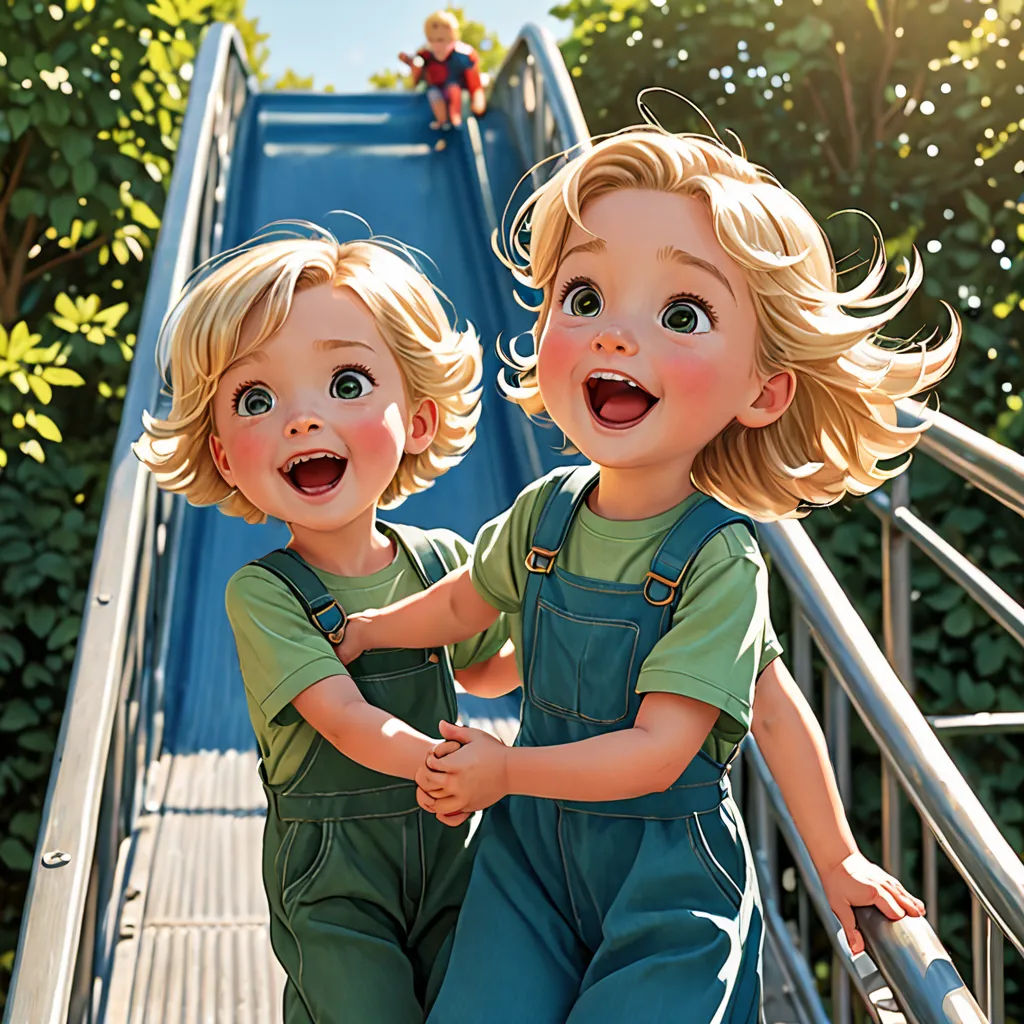 two children are climbing a slide together in the park, one is holding the other's hand and the other is holding the hand, photorealism, a photorealistic painting, Brothers Hildebrandt, pixar style