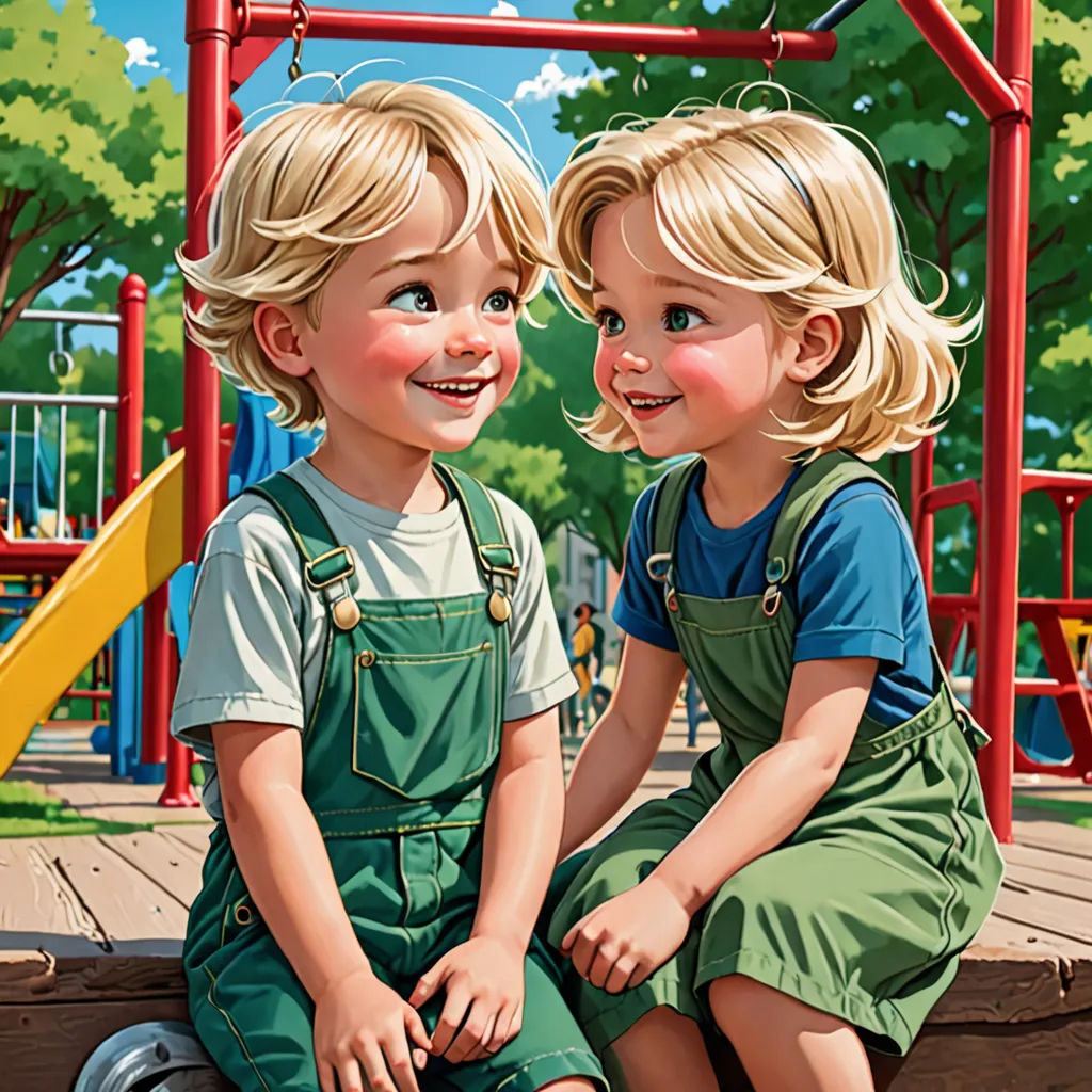 two children sitting on a playground bench together, one is smiling and the other is smiling at the camera, photorealism, a detailed painting, Brothers Hildebrandt, highly detailed digital painting