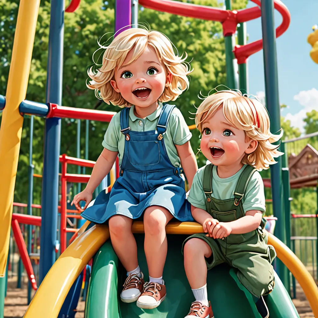 two children sitting on a playground slide at a park together, one is laughing and the other is laughing, photorealism, a digital painting, Bob Byerley, highly detailed digital painting