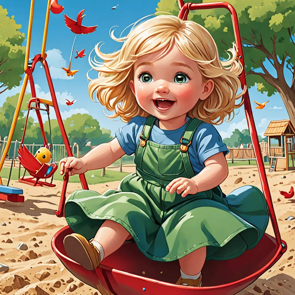 a little girl sitting on a swing in a park with a bird flying overhead and a bird in the background, lyco art, a storybook illustration, Bob Byerley, highly detailed digital painting